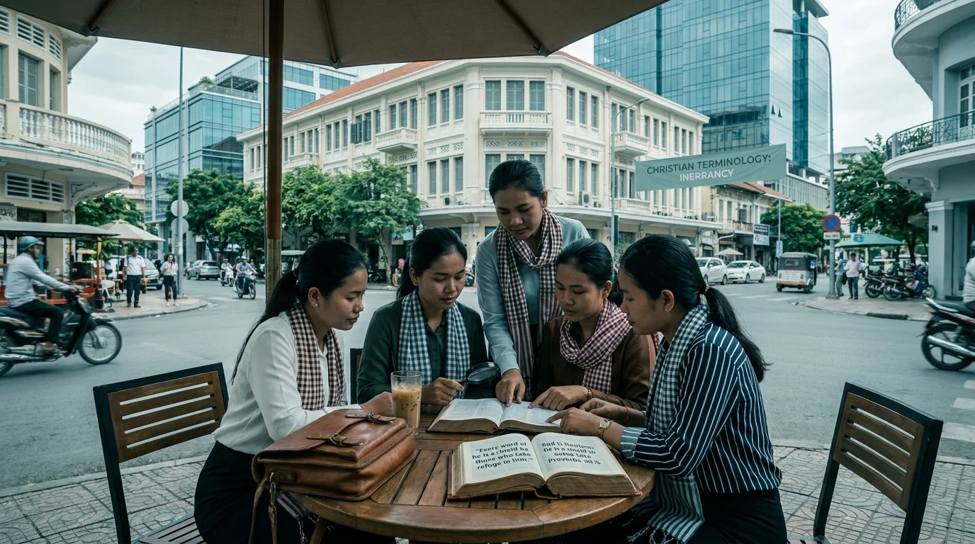 A group of women studying an open Bible together at an outdoor table in an urban setting, illustrating the concept of biblical inerrancy