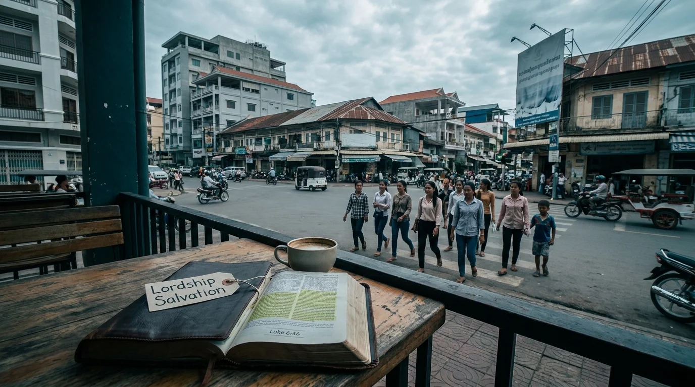 Open Bible showing Luke 6:46 with a Lordship Salvation tag and coffee cup, overlooking a busy urban street scene