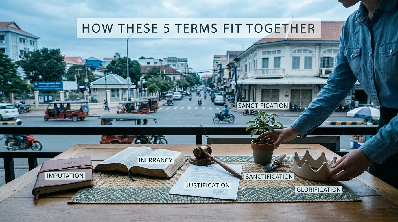 Five labeled objects on a table represent Christian terms: a journal (Imputation), open Bible (Inerrancy), gavel with document (Justification), plant (Sanctification), and crown (Glorification)