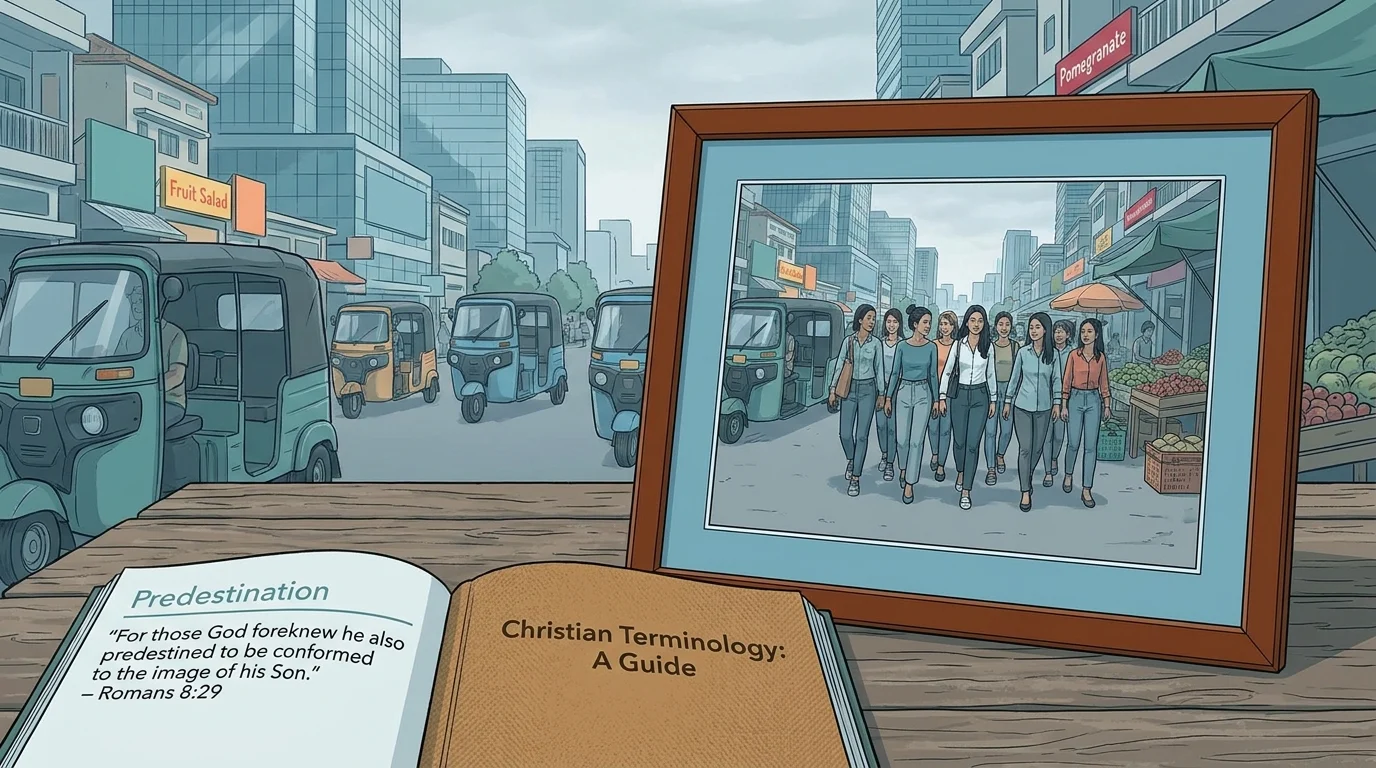 A book titled Christian Terminology: A Guide, open to a page on Predestination with Romans 8:29, beside a framed image of people walking in a busy city street