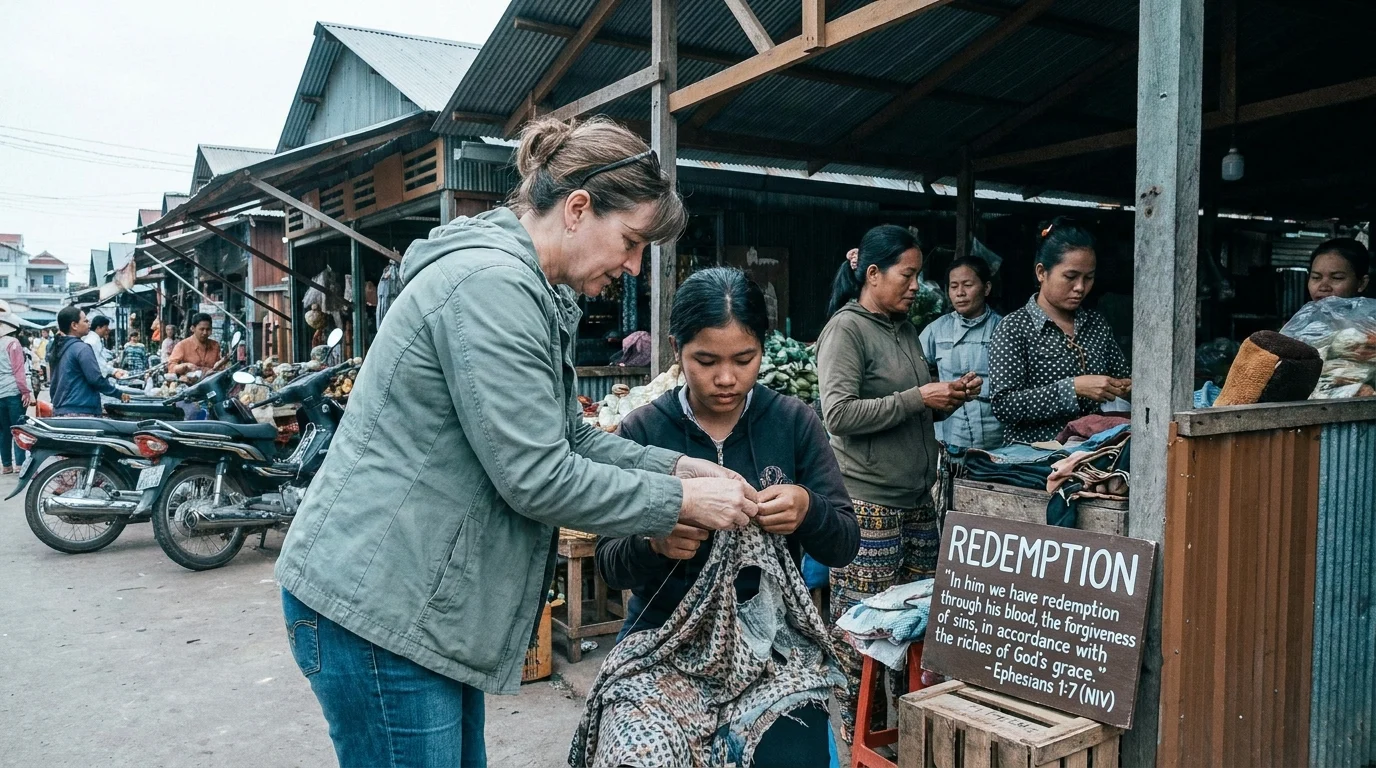 A woman assists a young vendor at an outdoor market beside a sign reading: REDEMPTION, “In him we have redemption through his blood, the forgiveness of sins, in accordance with the riches of God’s grace.” Ephesians 1:7 (NIV)