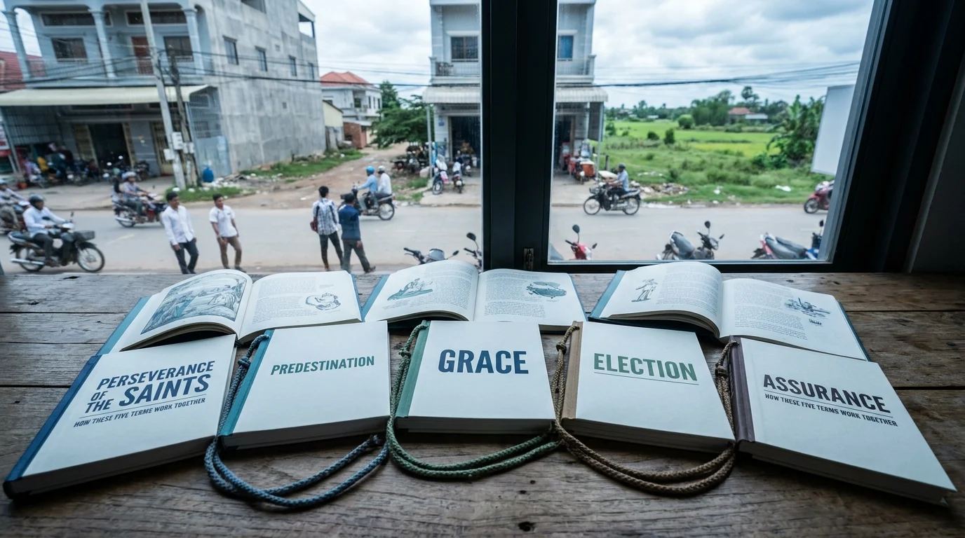 Five open books on a wooden surface labeled Perseverance of the Saints, Predestination, Grace, Election, and Assurance, with a busy street visible through a window behind them