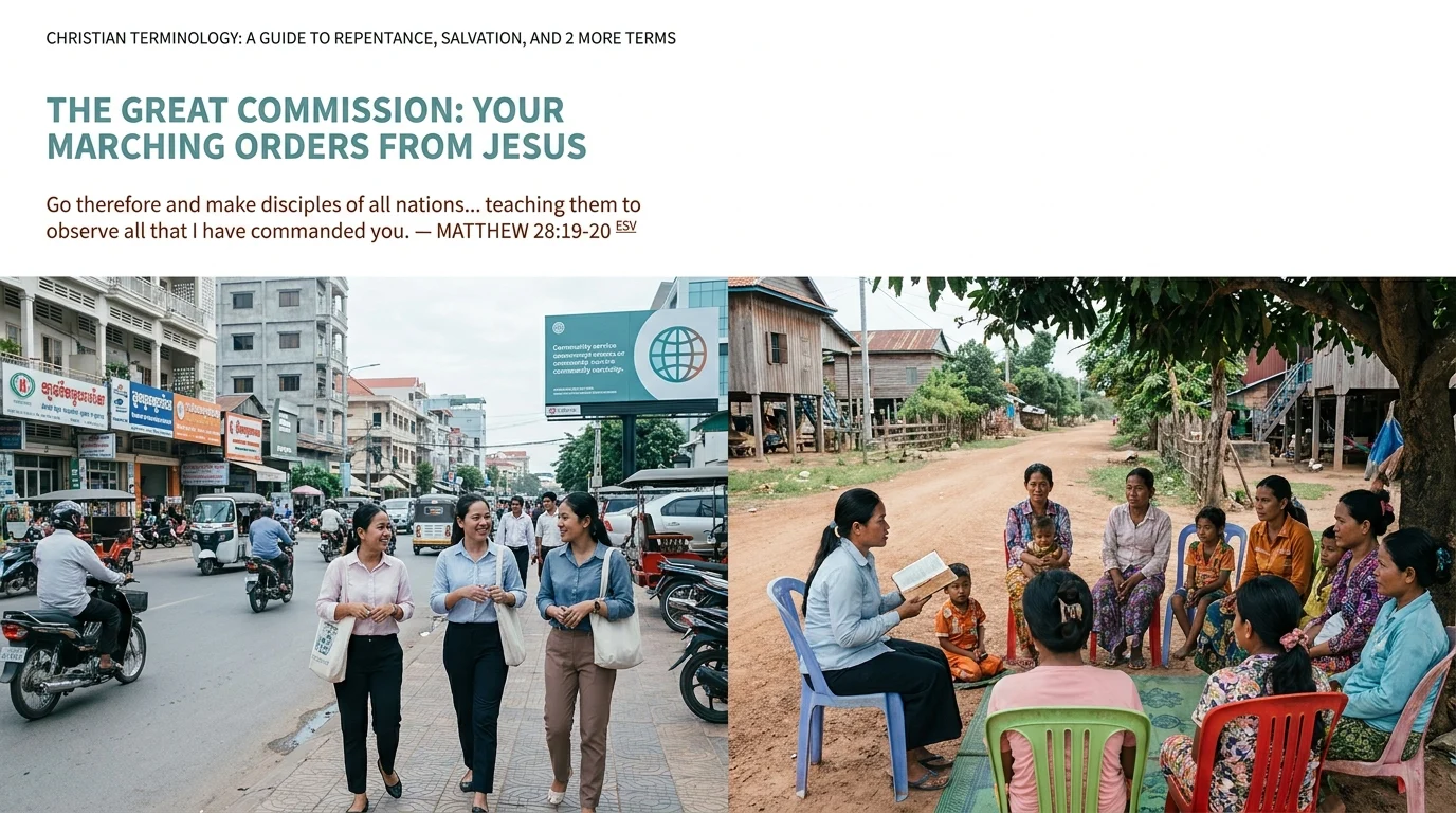 Three women walking on a busy city street alongside a woman reading a Bible to a group seated outdoors in a rural village