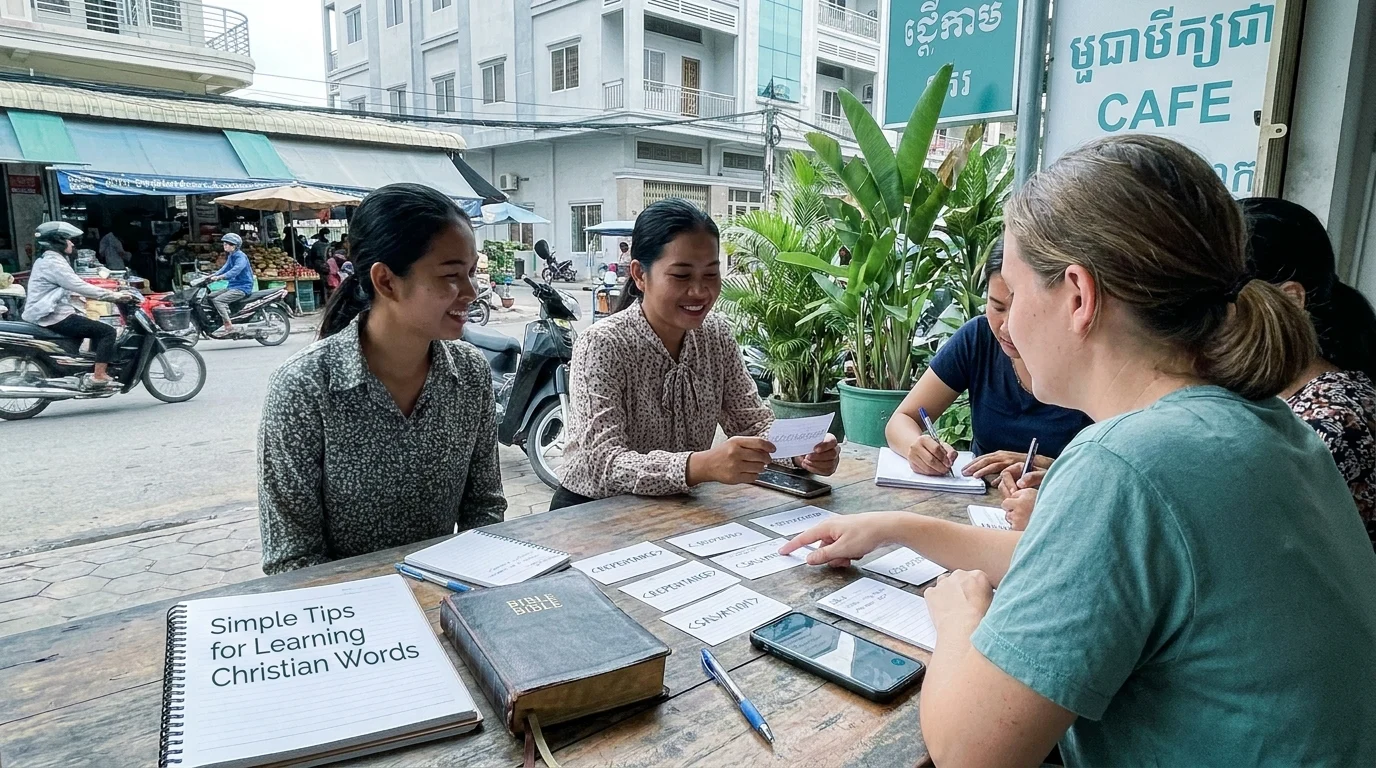 Four women studying Christian vocabulary flashcards and a Bible together at an outdoor café in Cambodia