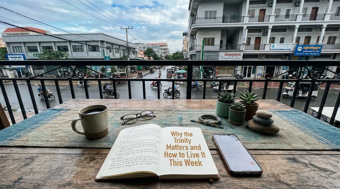 Open journal titled Why the Trinity Matters and How to Live It This Week on a balcony table with coffee and a phone, overlooking a busy street