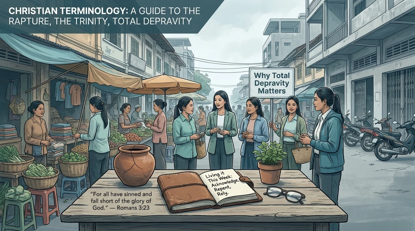 Christian Terminology: A Guide to The Rapture, The Trinity, Total Depravity, street scene with Romans 3:23 and a journal reading Living it This Week: Acknowledge, Repent, Rely