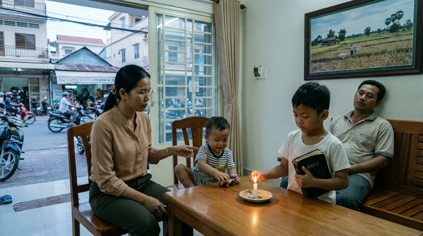Family gathered at a table with a lit candle, an older son holding a Bible, while a toddler plays with a toy car nearby