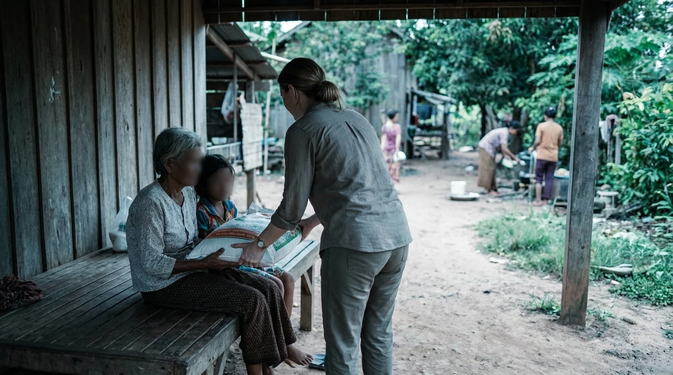 A person quietly hands a bag of rice to an elderly woman and child on a rural porch, no cameras or crowd present