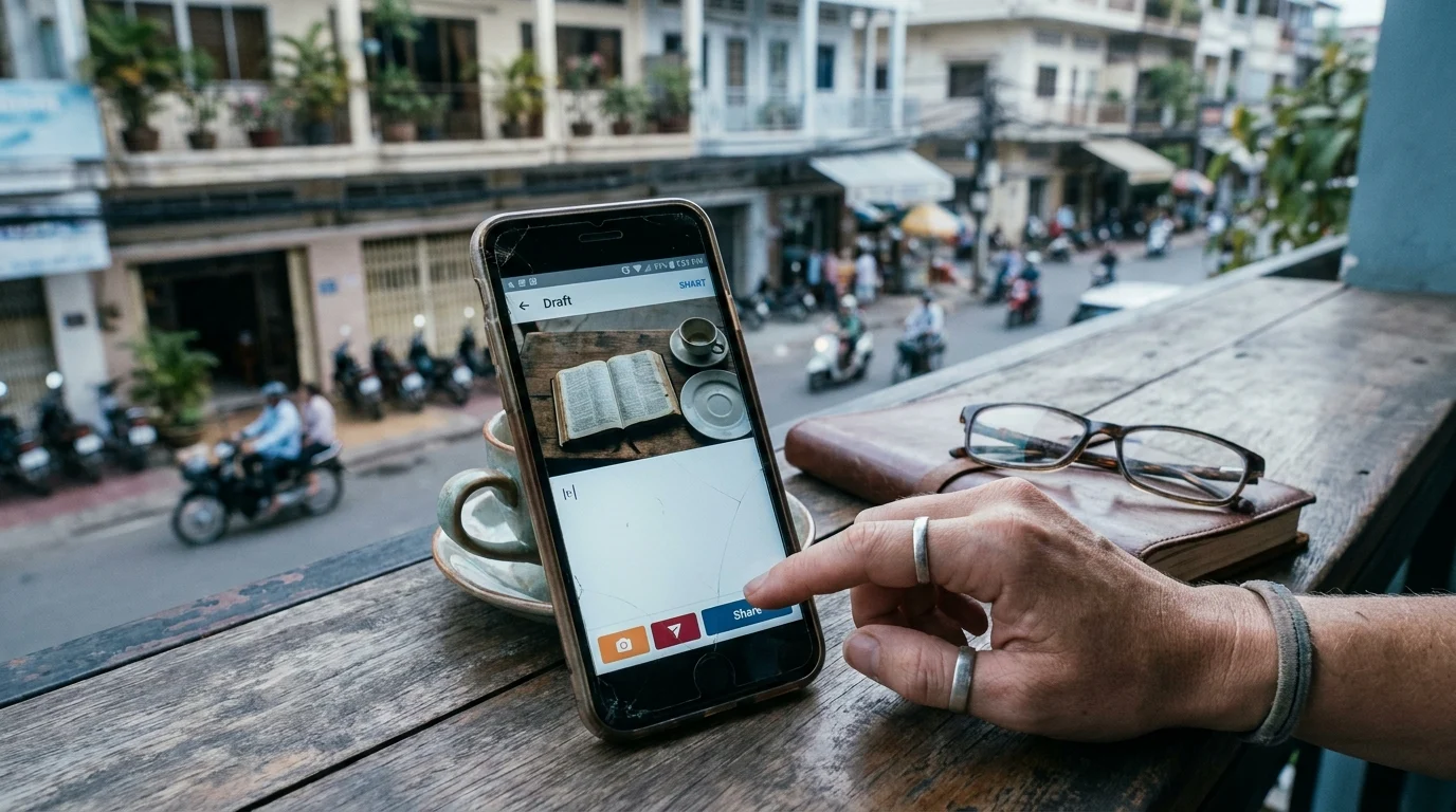 A hand about to tap Share on a phone drafting a post with a photo of an open Bible and coffee, poised over a street-view table with glasses and a book
