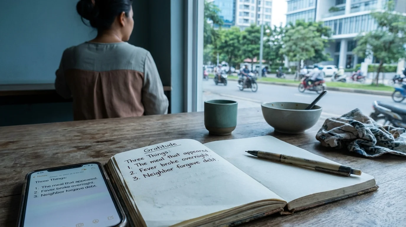 Journal open to a gratitude list: "Three Things: the meal that appeared, fever broke overnight, neighbor forgave debt," phone showing same note nearby