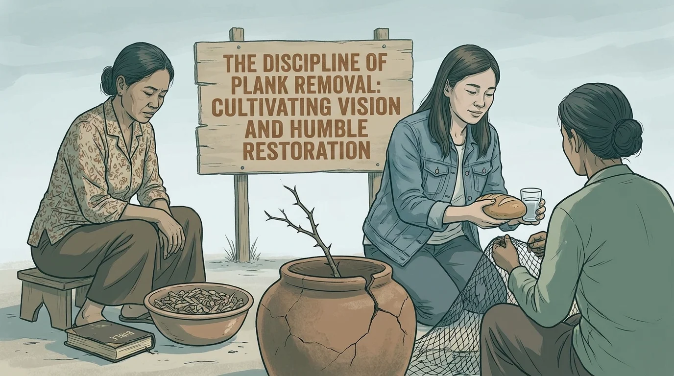 Illustration of a woman offering bread and water to another mending a net, beside a cracked pot and a woman with a Bible, under text reading The Discipline of Plank Removal: Cultivating Vision and Humble Restoration