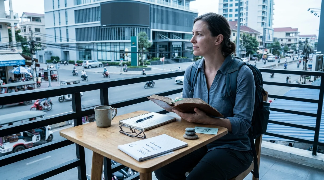 Woman pauses in thought while holding an open Bible at a balcony table with a journal and coffee, overlooking a busy city street