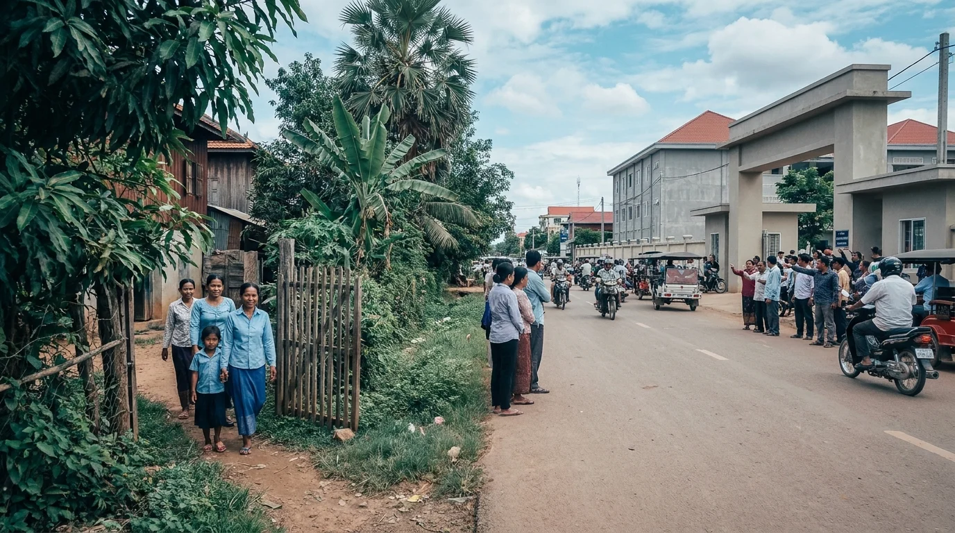 People gather along a street in a Southeast Asian town, watching as motorbikes and tuk-tuks pass by
