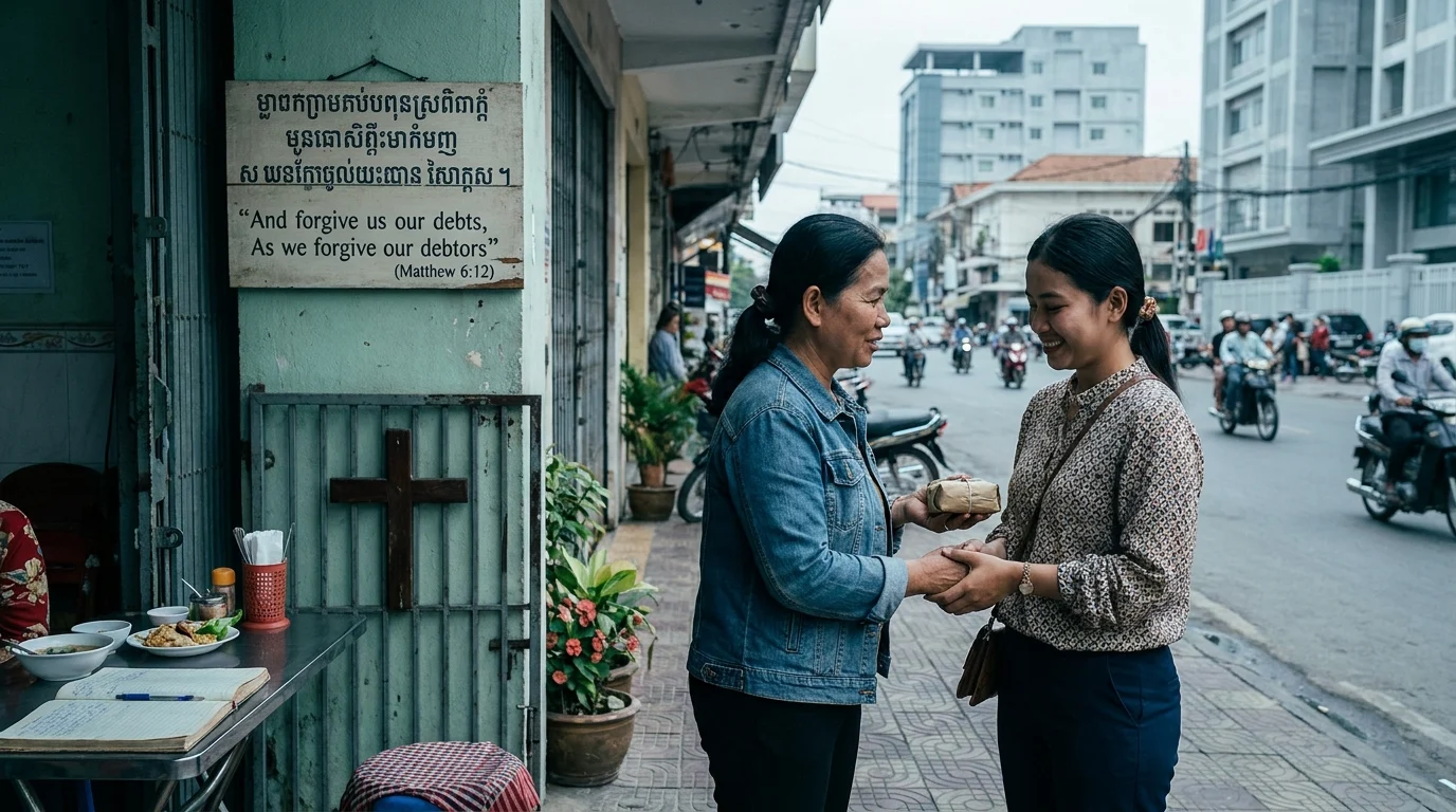 Two women clasp hands warmly on a street beside a sign reading “And forgive us our debts, As we forgive our debtors” (Matthew 6:12) and a small wooden cross