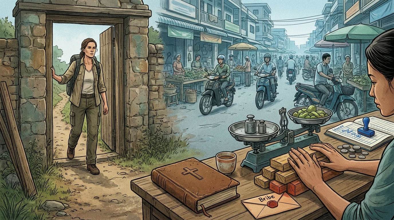 Illustration contrasting a traveler choosing a narrow stone gate and quiet path with a busy market scene where a vendor weighs goods beside a Bible and an envelope marked “Bribe,” symbolizing the choice between the easy, compromised way and the harder, faithful one