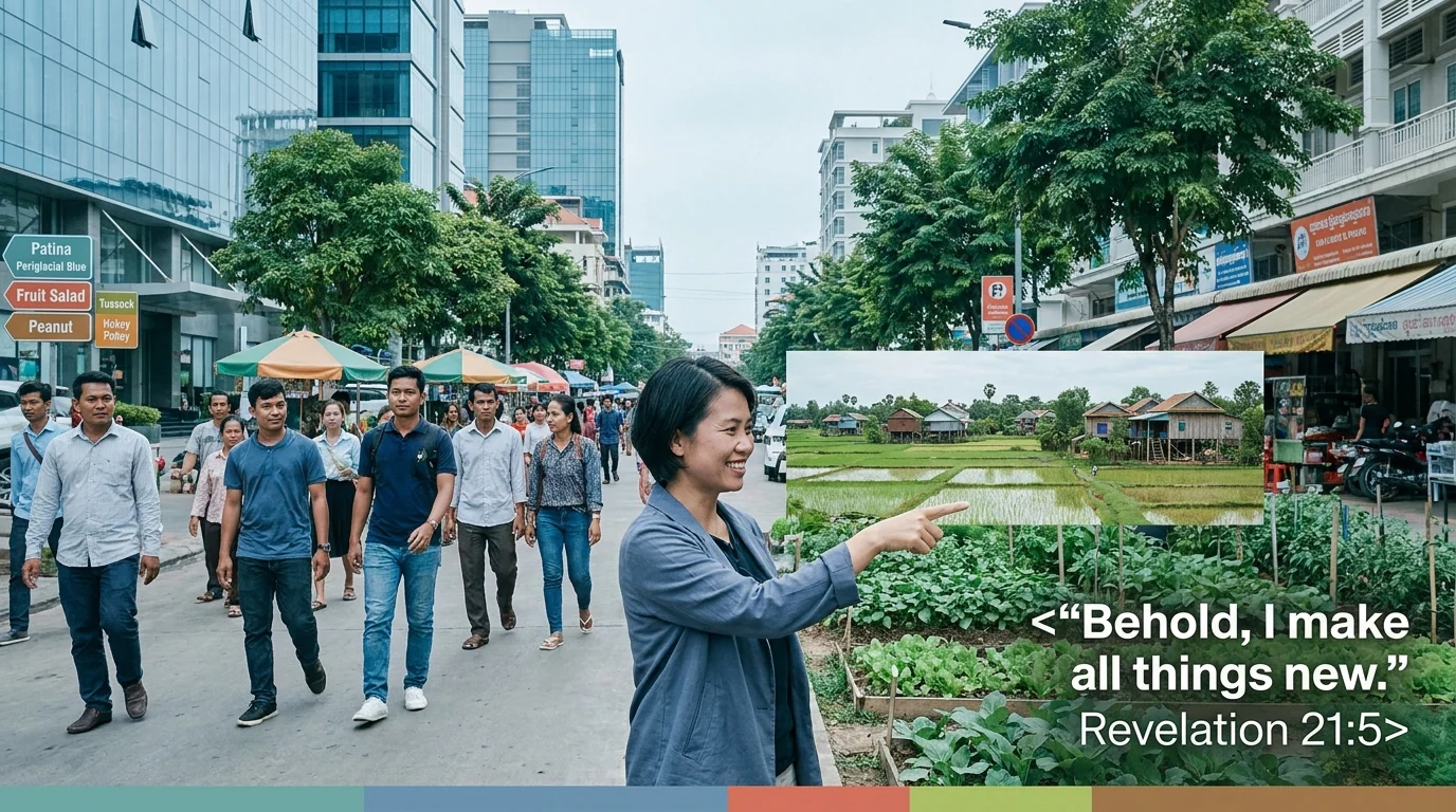 A smiling woman points to an image of lush farmland and village homes amid a busy city street scene, with the text “Behold, I make all things new.” Revelation 21:5