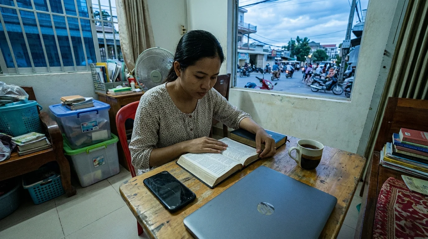Woman quietly reading an open Bible at a home desk, laptop and phone nearby, busy street visible through the window