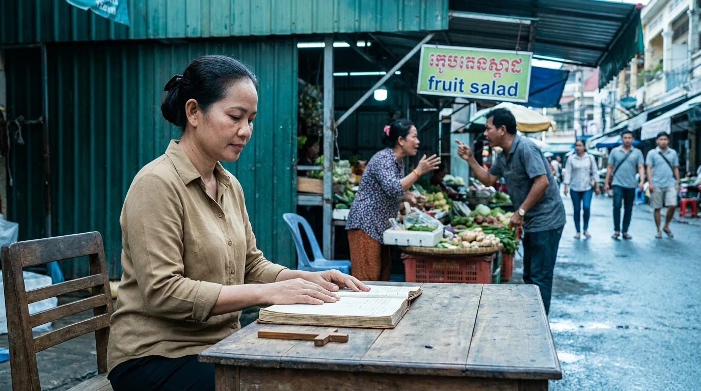 Woman sits calmly reading a Bible with a wooden cross at a market stall table while two vendors argue behind her