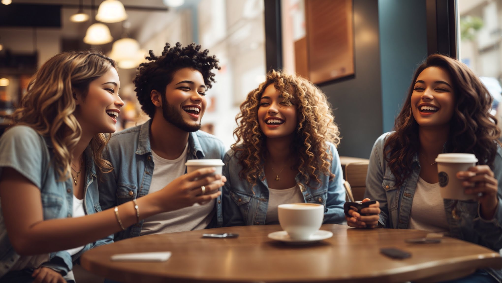 Four friends laughing together over coffee.