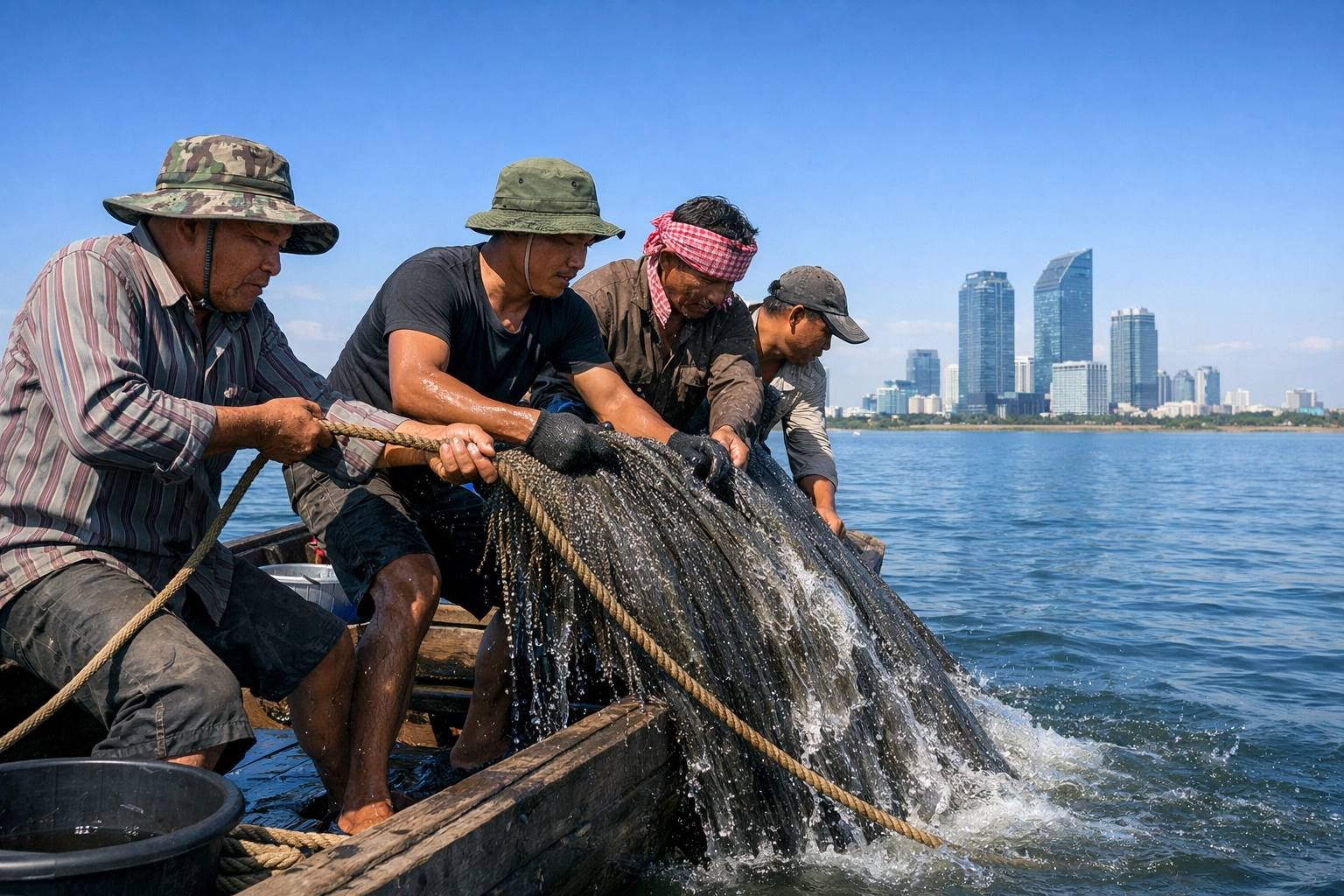Cambodian fishers pulling a net on the Mekong River, symbolizing Christian spiritual growth and God's firm grip.