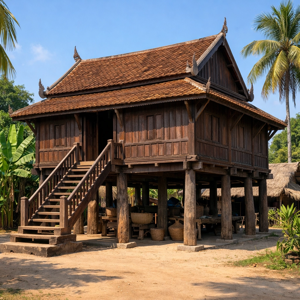 Traditional Cambodian stilt house in a quiet village representing Armor of God truth and righteousness, spiritual warfare defense, and Christian personal development