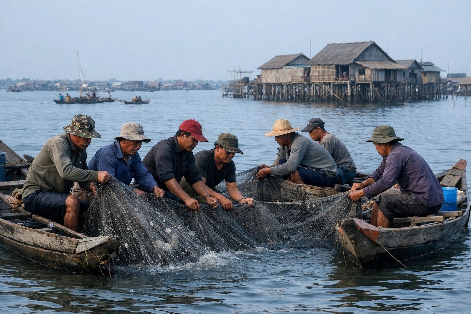 Photo-realistic image of a group of Cambodian fishermen working together on Tonle Sap Lake, pulling nets as a team on wooden boats