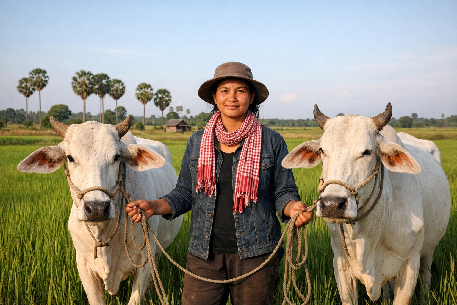Cambodian woman farmer in Battambang with oxen in a rice field, illustrating the concept of Lordship Salvation.
