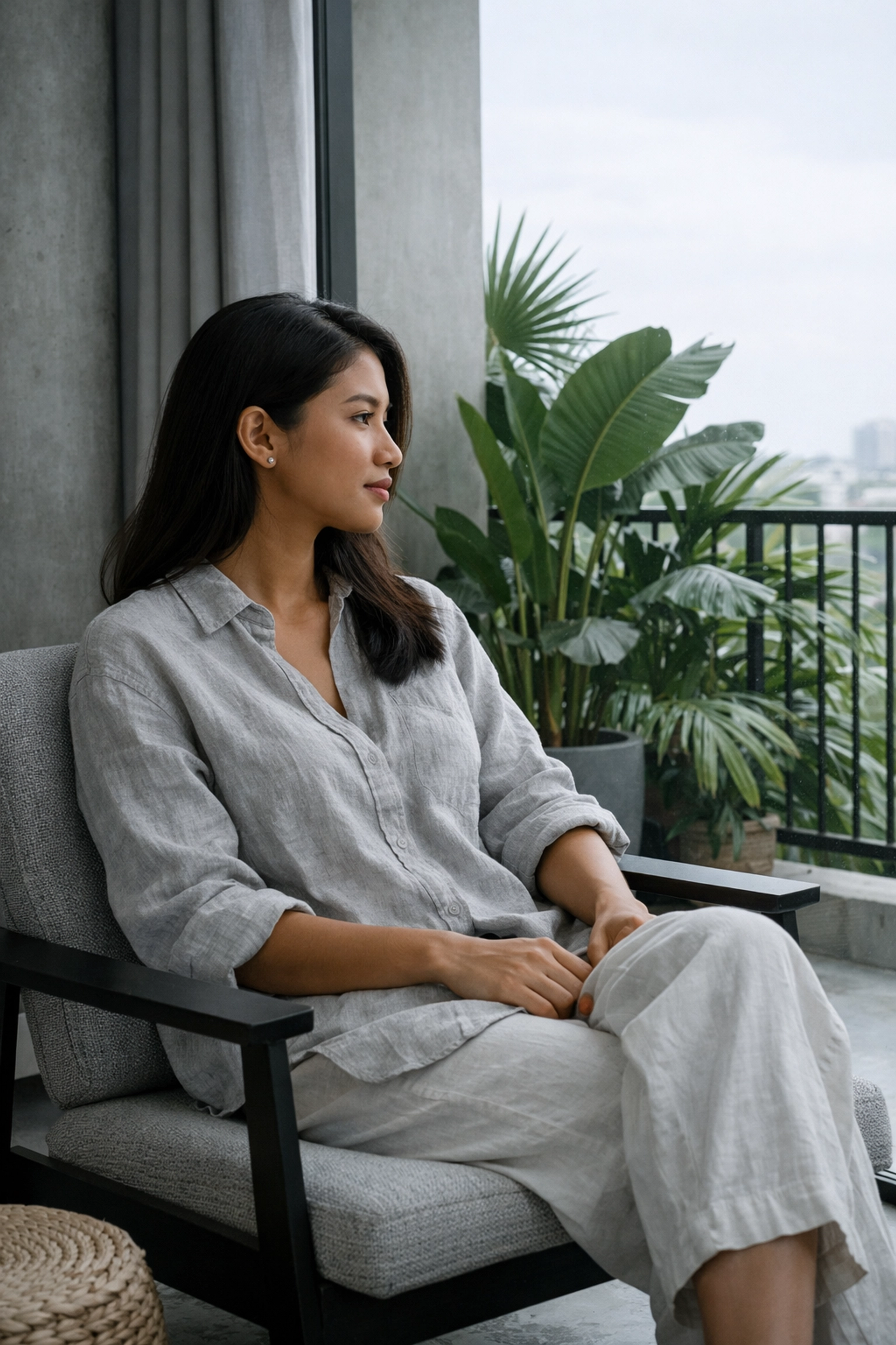 A woman practicing quiet reflection in a modern apartment to create space for silence and listening to God.