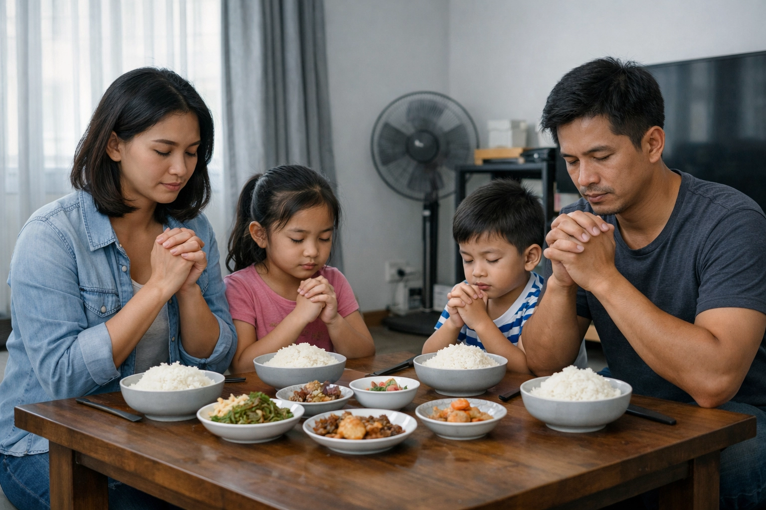 A Cambodian family in Phnom Penh bows their heads in thankful prayer over a simple meal of rice.