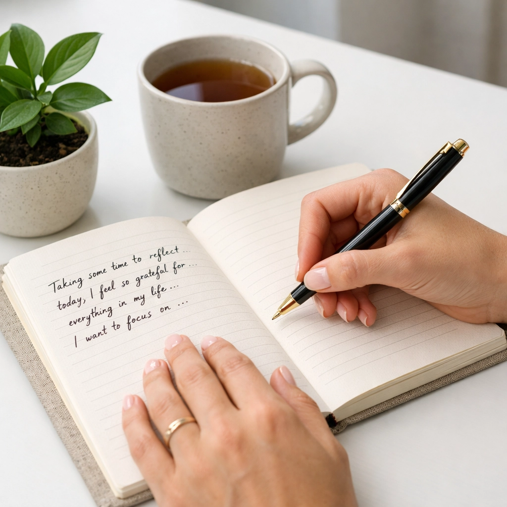 A woman writing daily bread prayer requests and reflections in a journal in a quiet room.