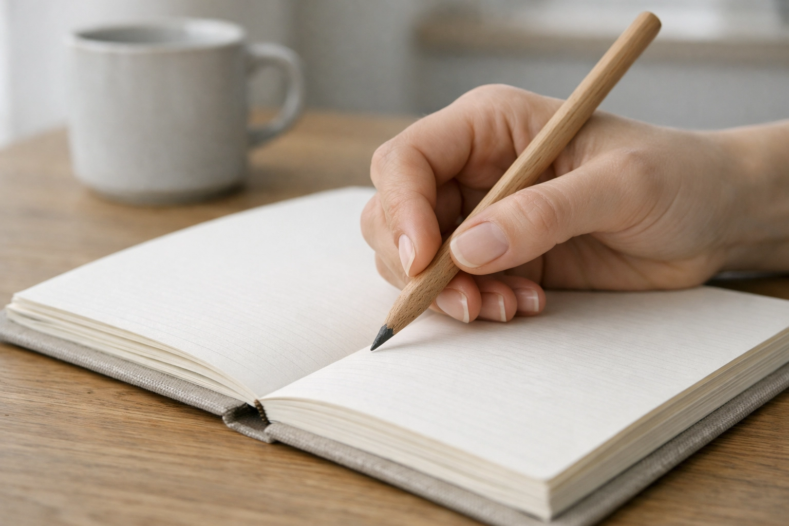 A woman writes a gratitude list in a notebook as part of her daily prayers of thanksgiving.