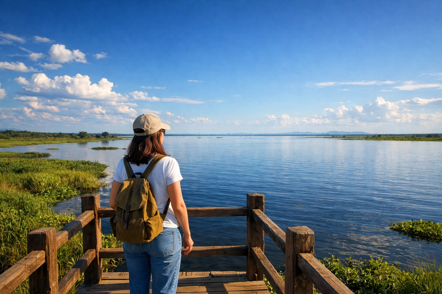 A woman standing by Tonle Sap lake in Cambodia, finding peace in surrendering to God's will.