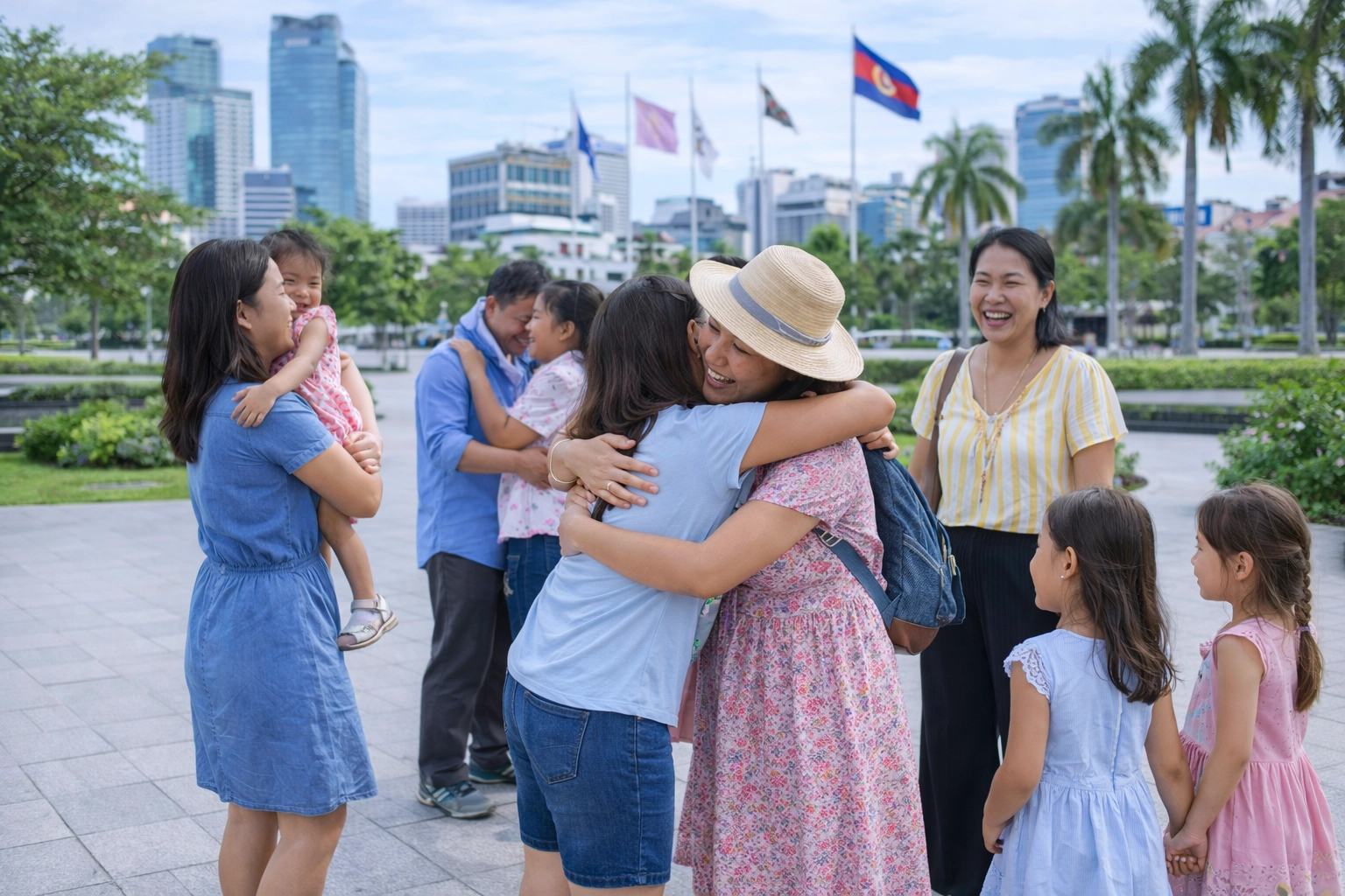 Joyful women and family reunion in a modern Phnom Penh courtyard reflecting heaven and christian spiritual growth
