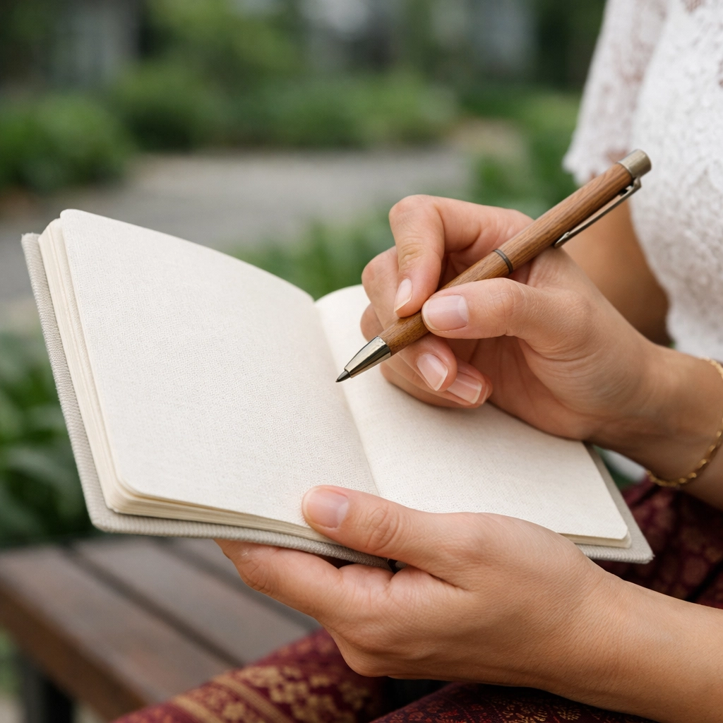 A woman holding a notebook and pen in a peaceful garden to journal insights during listening prayer.