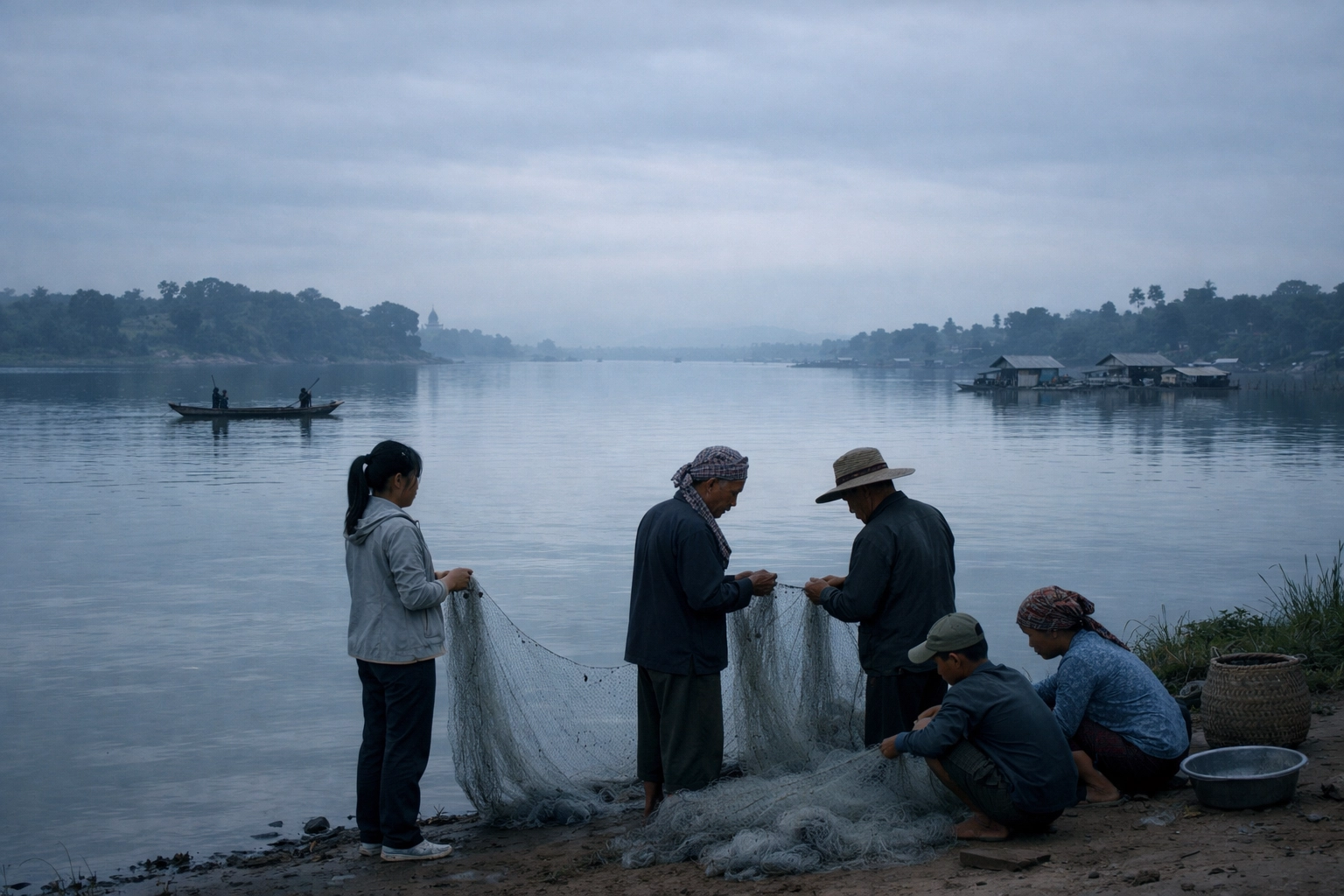 Cambodian villagers observing the Mekong River, showing how listening is the first step in effective prayer.