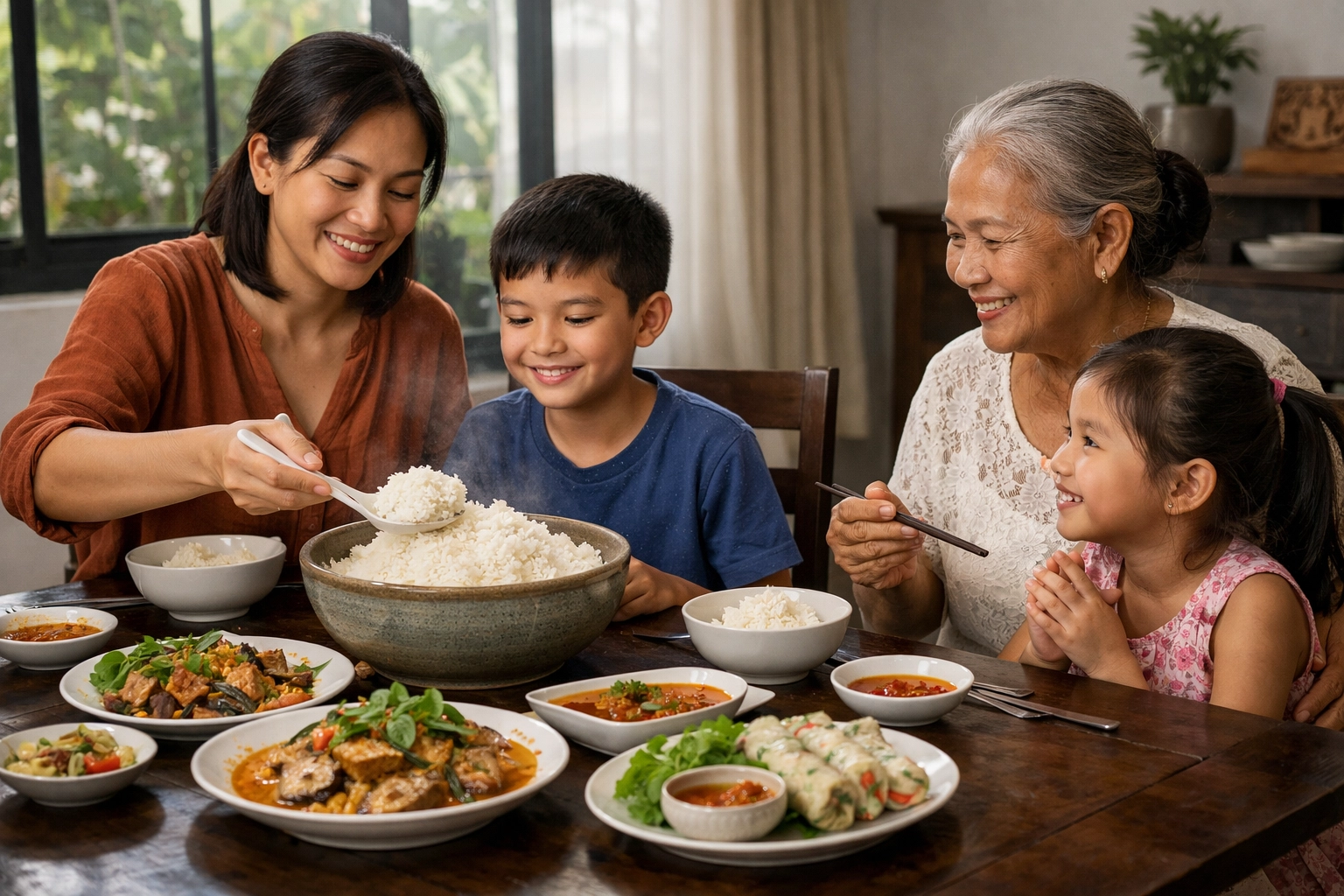 A Cambodian family sharing a meal together, illustrating God's provision in the Lord's Prayer.