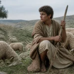 David tending sheep in a peaceful ancient landscape, Bible story scene with a young shepherd caring for his flock in rolling hills.