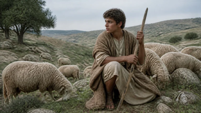 David tending sheep in a peaceful ancient landscape, Bible story scene with a young shepherd caring for his flock in rolling hills.