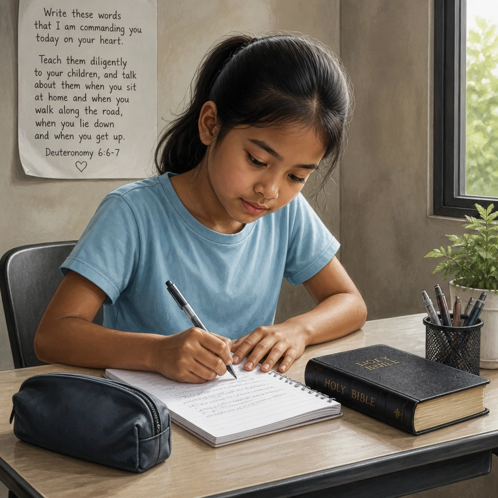 A young Cambodian girl sits at a desk carefully copying a lesson into a notebook with deep focus in a realistic Bible storybook illustration style.