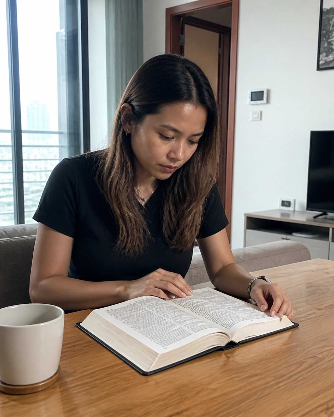 A woman in a modern home in Phnom Penh reading the Bible, illustrating the importance of seeking God's word daily.