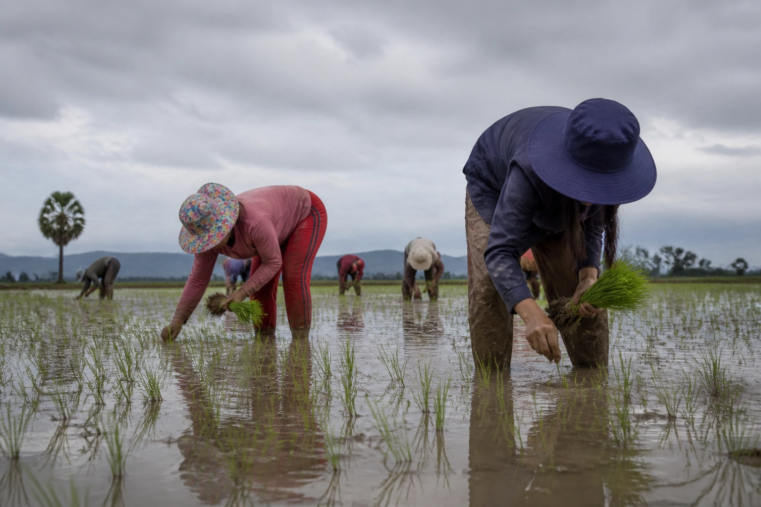 A photorealistic, authentic scene of a rice farmer in Battambang, Cambodia, tending to a lush green rice field. The farmer is wearing practical, modern work clothes and is focused on the small seedlings in the muddy water, representing patient labor.