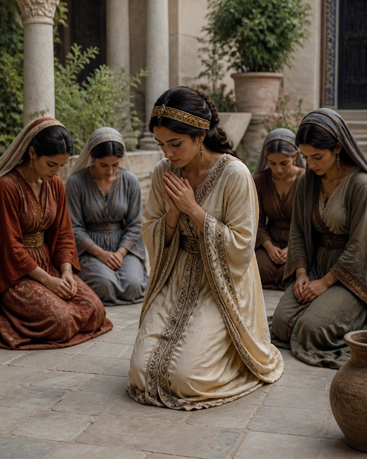 Queen Esther and her female servants praying and fasting in a grounded, realistic palace courtyard, seeking God's strength for a time of trial.
