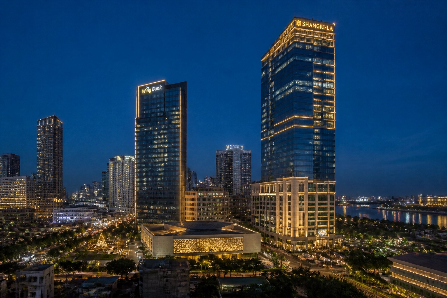 A modern city skyline at dawn with bright, uplifting colors, symbolizing the solid foundations of the eternal city of God