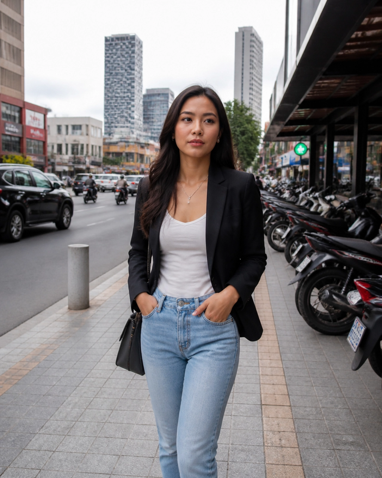A determined young Cambodian woman standing in a modern Phnom Penh street, illustrating how modern believers can show the courage of Esther in their own cities today.