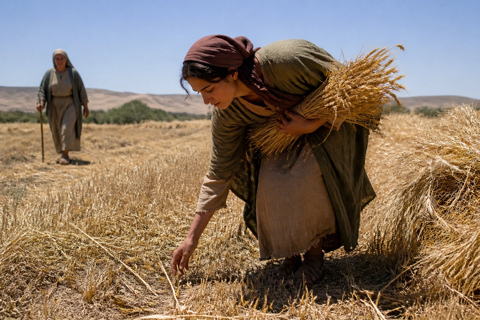 Ruth gleaning wheat in a sunlit field with Naomi in the background, representing faithful love and Christian spiritual growth.