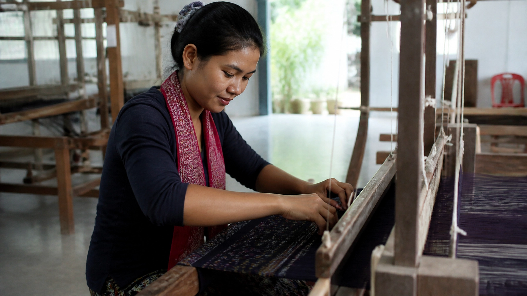 Cambodian woman at a loom weaving fabric, symbolizing continual prayer, faith and joy, christian spiritual growth