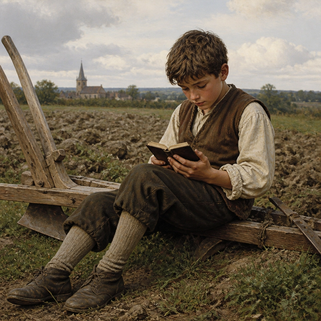 A young plough boy in 16th-century European clothing sits by a wooden plough in a field reading a small book with intense focus in a Bible storybook illustration style.