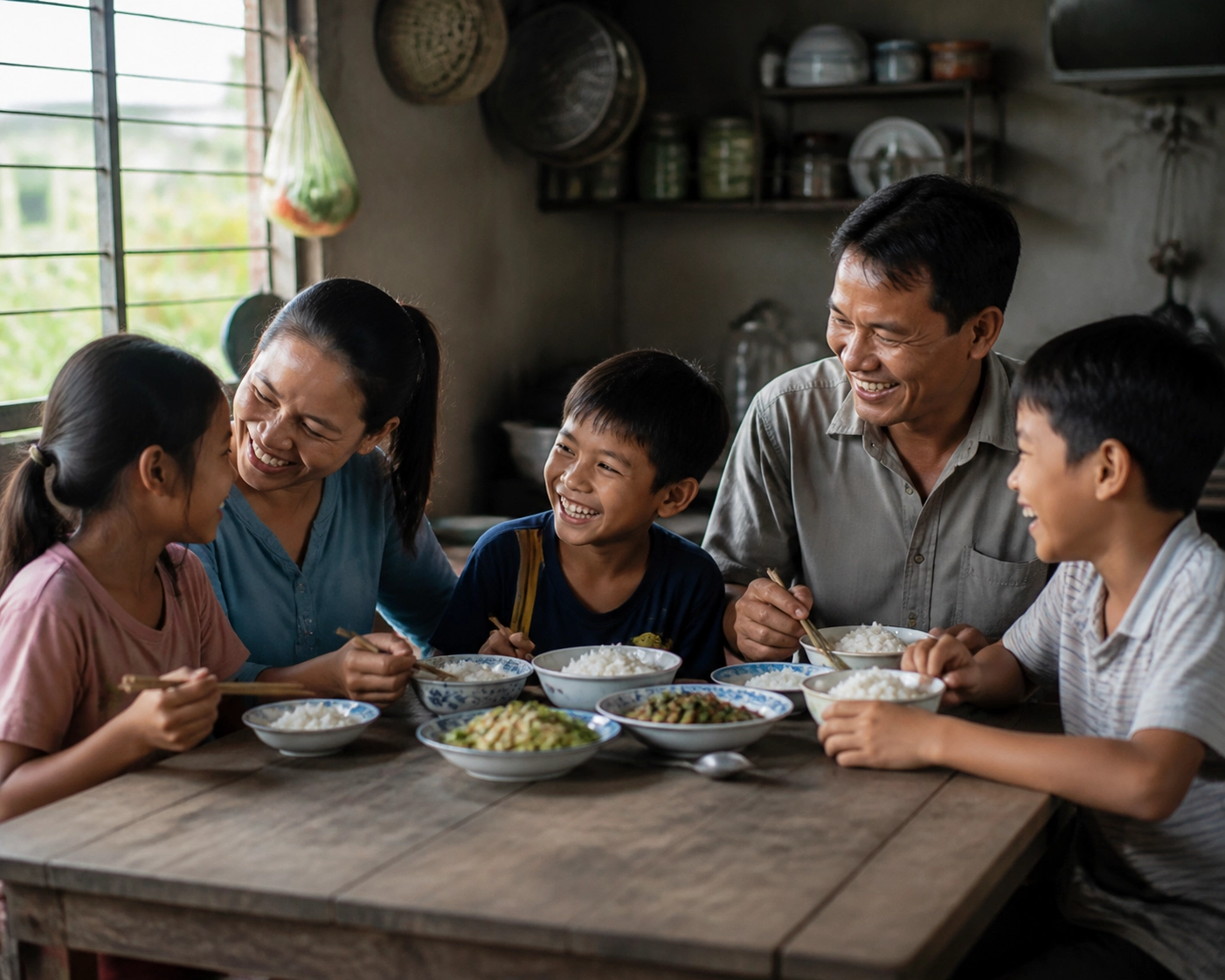 Joyful Cambodian family laughing together over a simple meal, illustrating deep joy through connection.