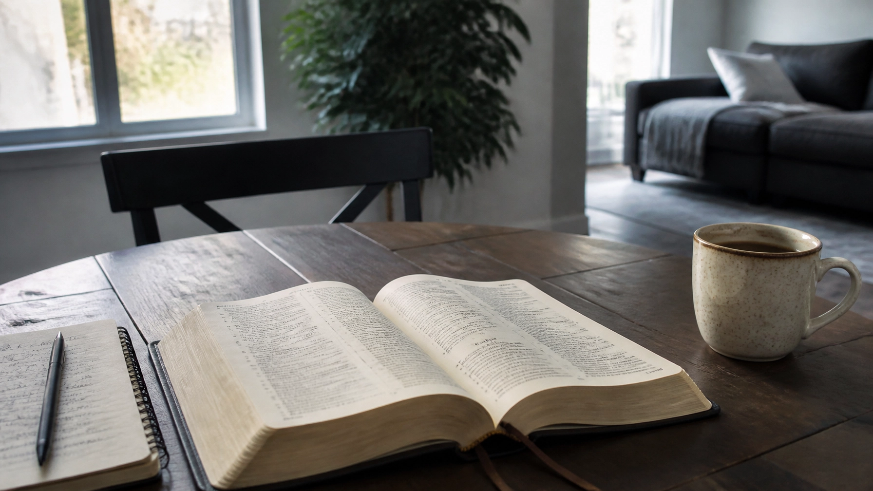 Open Bible and tea on a table in early morning for a daily self-control routine