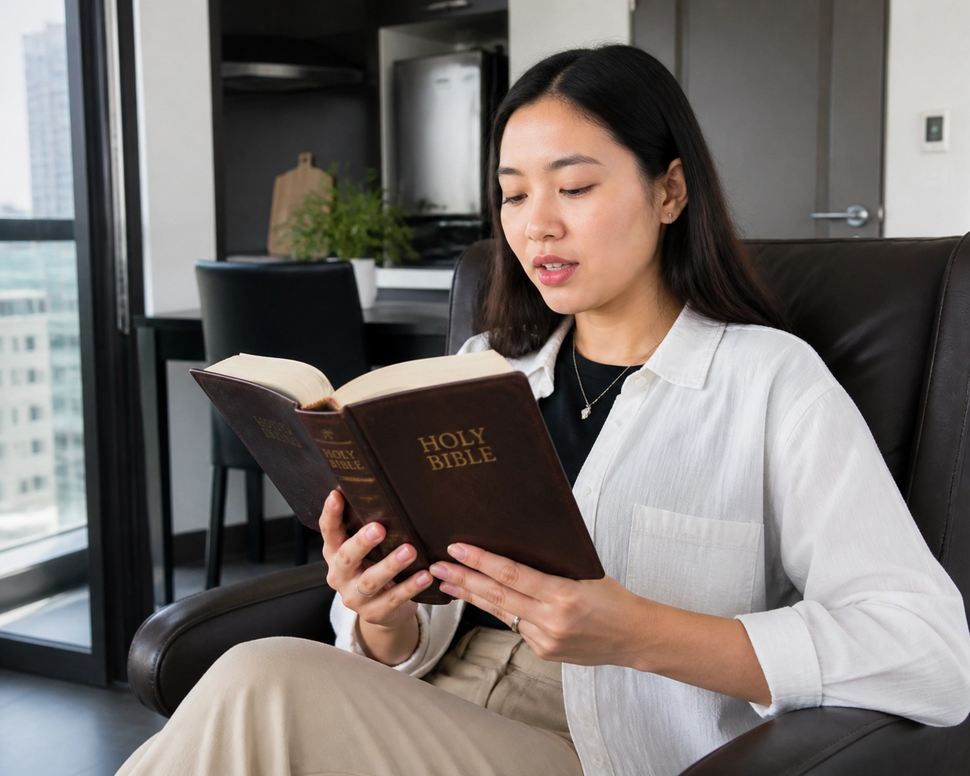 A woman in a modern home praying Scripture back to God while holding an open Bible.